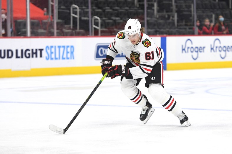 Apr 15, 2021; Detroit, Michigan, USA; Chicago Blackhawks defenseman Riley Stillman (61) during the second period against the Detroit Red Wings at Little Caesars Arena. Mandatory Credit: Tim Fuller-USA TODAY Sports