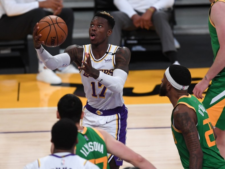Apr 17, 2021; Los Angeles, California, USA;  Los Angeles Lakers guard Dennis Schroder (17) goes up for a basket in the second half of the game against the Utah Jazz at Staples Center. Mandatory Credit: Jayne Kamin-Oncea-USA TODAY Sports