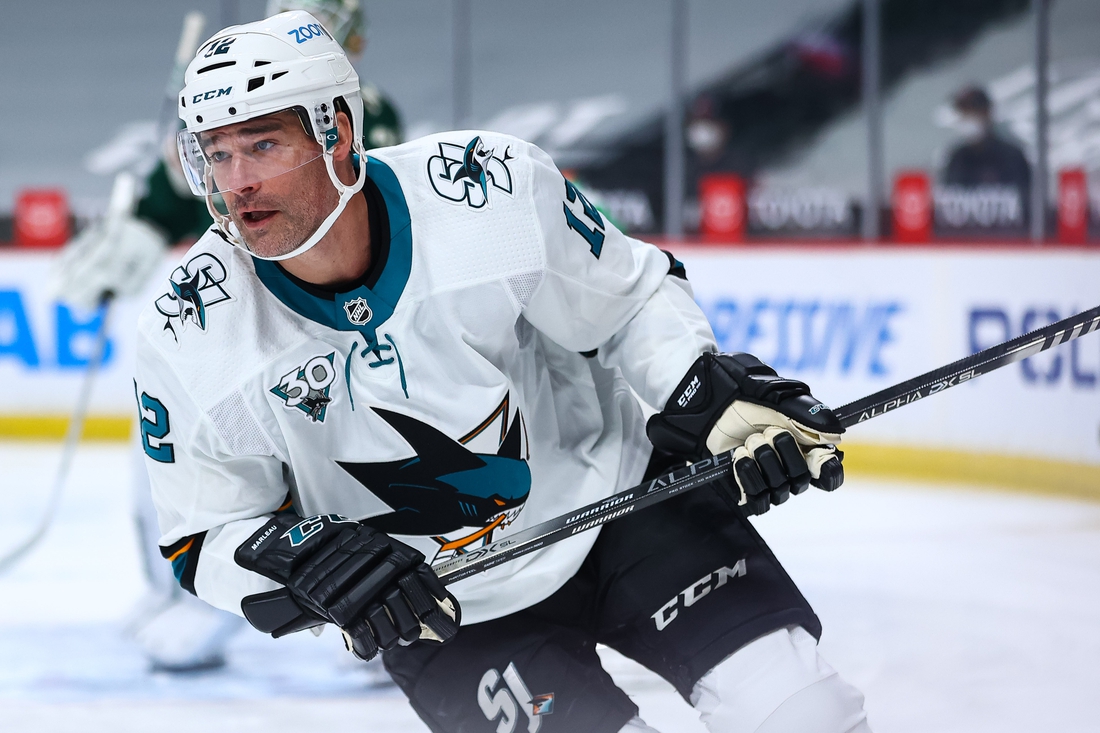 Apr 17, 2021; Saint Paul, Minnesota, USA; San Jose Sharks center Patrick Marleau (12) during the first period against the Minnesota Wild at Xcel Energy Center. Mandatory Credit: Harrison Barden-USA TODAY Sports