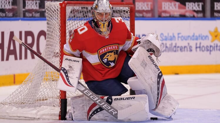 Apr 19, 2021; Sunrise, Florida, USA; Florida Panthers goaltender Spencer Knight (30) warms up prior to the game against the Columbus Blue Jackets at BB&T Center. Mandatory Credit: Jasen Vinlove-USA TODAY Sports