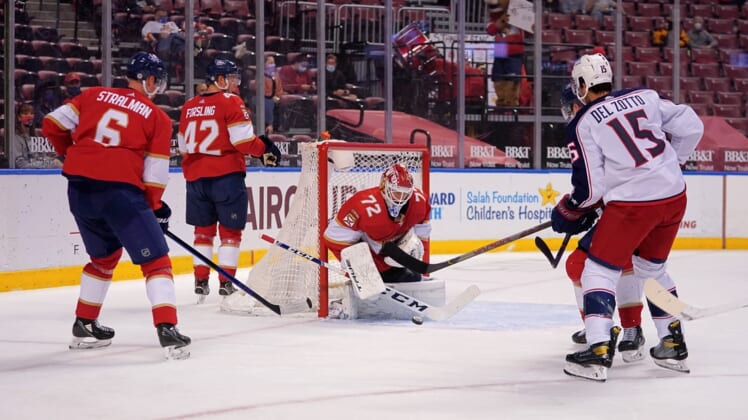 Apr 19, 2021; Sunrise, Florida, USA; Florida Panthers goaltender Sergei Bobrovsky (72) blocks the shot against the Columbus Blue Jackets during the first period at BB&T Center. Mandatory Credit: Jasen Vinlove-USA TODAY Sports