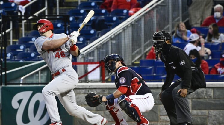 Apr 19, 2021; Washington, District of Columbia, USA;  St. Louis Cardinals first baseman Paul Goldschmidt (46) hits a solo home run during the third inning against the Washington Nationals at Nationals Park. Mandatory Credit: Tommy Gilligan-USA TODAY Sports