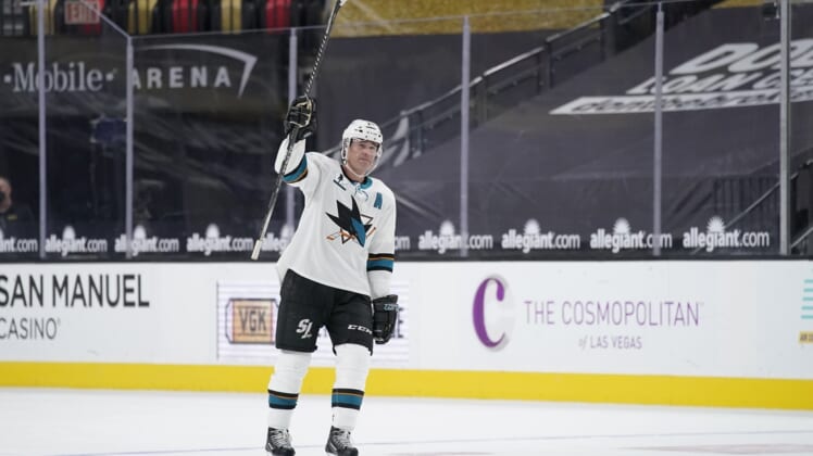 Apr 19, 2021; Las Vegas, Nevada, USA;  San Jose Sharks center Patrick Marleau (12) reacts after an NHL hockey game against the Vegas Golden Knights at T-Mobile Arena. Marleau passed Gordie Howe for most NHL games played on Monday. Mandatory Credit:  John Locher/POOL PHOTOS-USA TODAY Sports