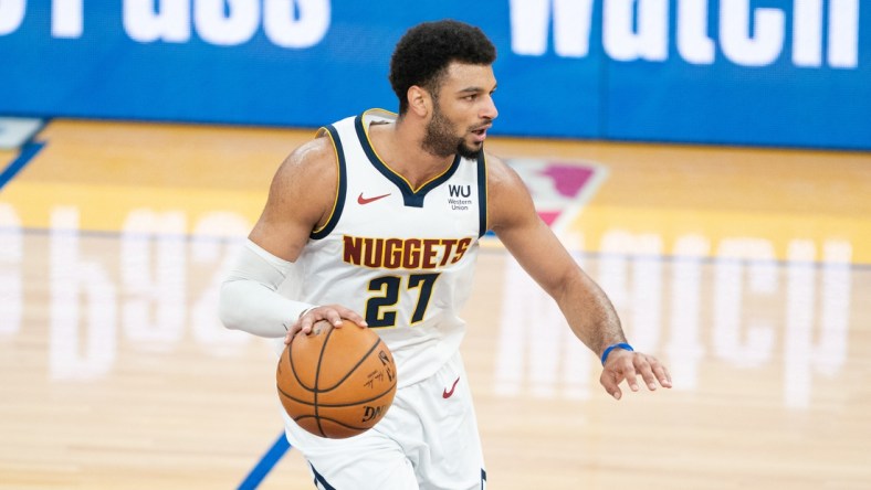 April 12, 2021; San Francisco, California, USA; Denver Nuggets guard Jamal Murray (27) during the first quarter against the Golden State Warriors at Chase Center. Mandatory Credit: Kyle Terada-USA TODAY Sports