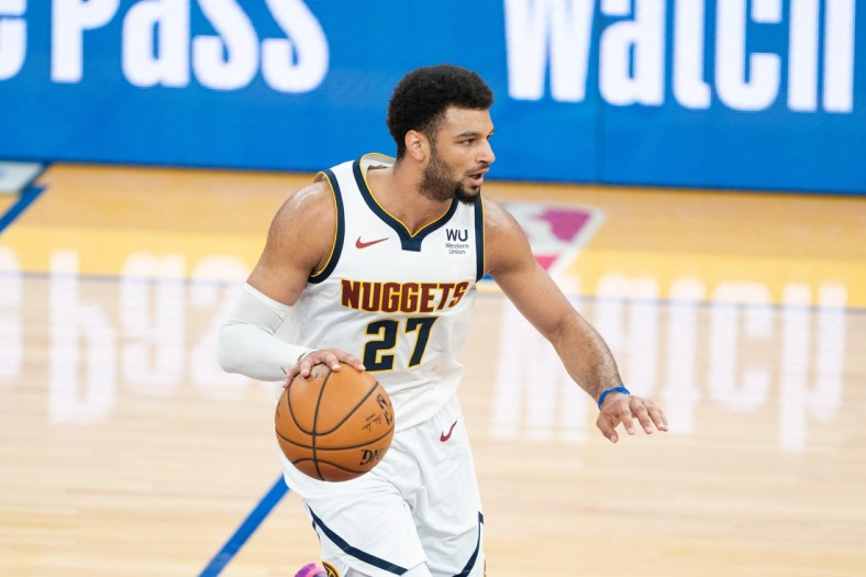 April 12, 2021; San Francisco, California, USA; Denver Nuggets guard Jamal Murray (27) during the first quarter against the Golden State Warriors at Chase Center. Mandatory Credit: Kyle Terada-USA TODAY Sports