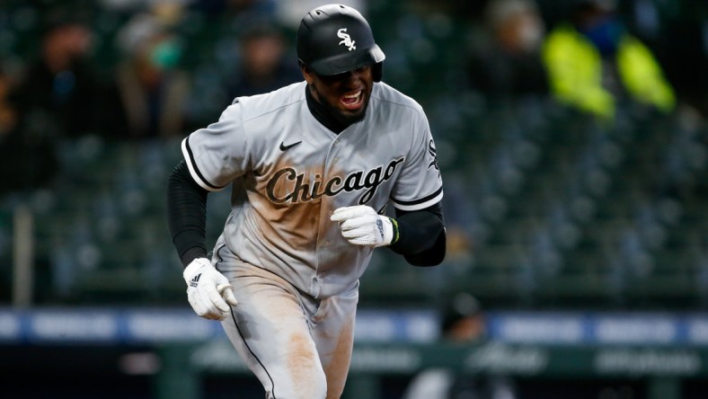 Apr 7, 2021; Seattle, Washington, USA; Chicago White Sox center fielder Luis Robert (88) reacts after hitting a pop-fly against the Seattle Mariners during the fifth inning at T-Mobile Park. Mandatory Credit: Joe Nicholson-USA TODAY Sports