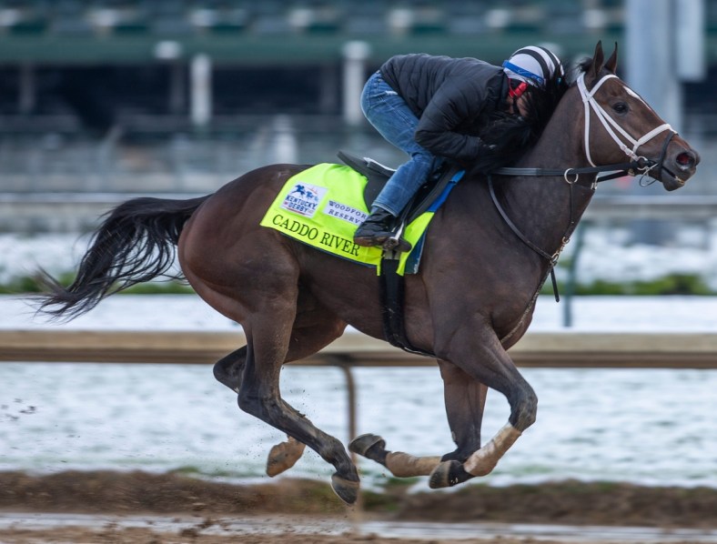 Kentucky Derby hopeful Caddo River gallops on the track at  Churchill Downs. April 21, 2020

Aj4t4250