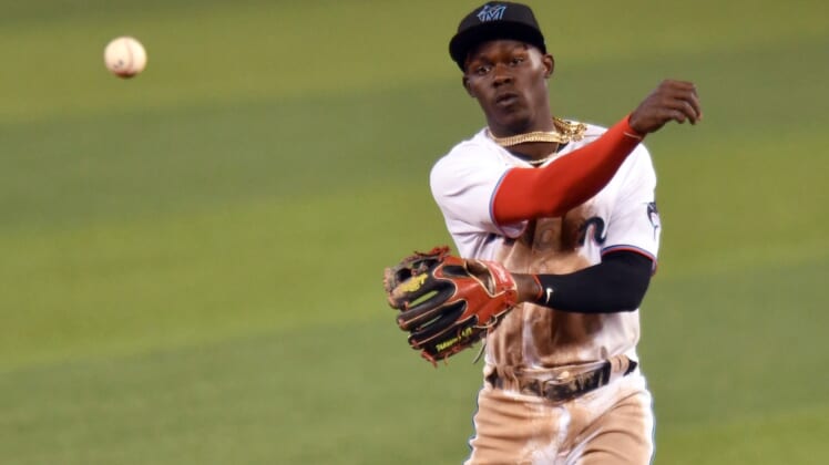 Apr 21, 2021; Miami, Florida, USA; Miami Marlins second baseman Jazz Chisholm Jr. (2) throws out a runner in the         ninth inning during a game against the Baltimore Orioles at loanDepot Park. Mandatory Credit: Jim Rassol-USA TODAY Sports