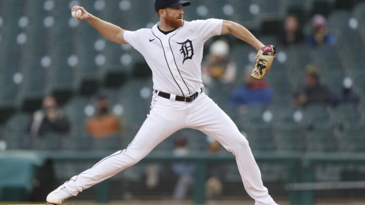 Apr 21, 2021; Detroit, Michigan, USA; Detroit Tigers starting pitcher Spencer Turnbull (56) pitches during the first inning against the Pittsburgh Pirates at Comerica Park. Mandatory Credit: Raj Mehta-USA TODAY Sports