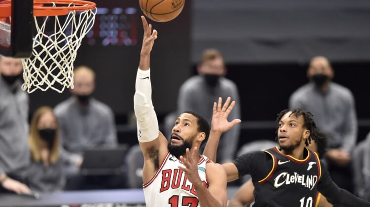 Apr 21, 2021; Cleveland, Ohio, USA; Chicago Bulls forward Garrett Temple (17) drives against Cleveland Cavaliers guard Darius Garland (10) in the second quarter at Rocket Mortgage FieldHouse. Mandatory Credit: David Richard-USA TODAY Sports