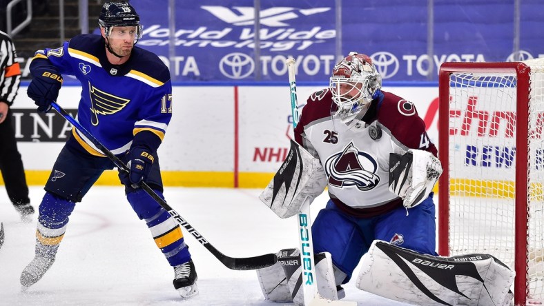 Apr 22, 2021; St. Louis, Missouri, USA;  Colorado Avalanche goaltender Devan Dubnyk (40) makes a save as St. Louis Blues left wing Jaden Schwartz (17) looks for the rebound during the third period at Enterprise Center. Mandatory Credit: Jeff Curry-USA TODAY Sports