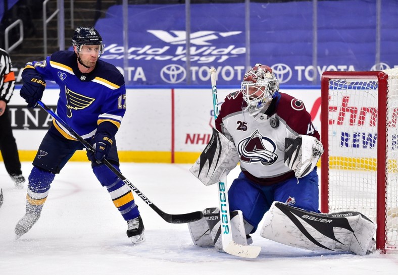 Apr 22, 2021; St. Louis, Missouri, USA;  Colorado Avalanche goaltender Devan Dubnyk (40) makes a save as St. Louis Blues left wing Jaden Schwartz (17) looks for the rebound during the third period at Enterprise Center. Mandatory Credit: Jeff Curry-USA TODAY Sports