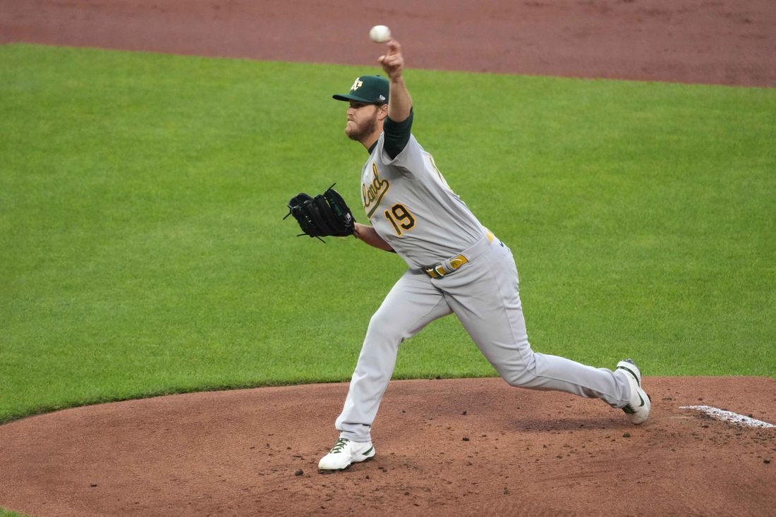 Apr 23, 2021; Baltimore, Maryland, USA; Oakland Athletics pitcher Cole Irvin (19) pitches against the Baltimore Orioles during the first inning at Oriole Park at Camden Yards. Mandatory Credit: Mitch Stringer-USA TODAY Sports