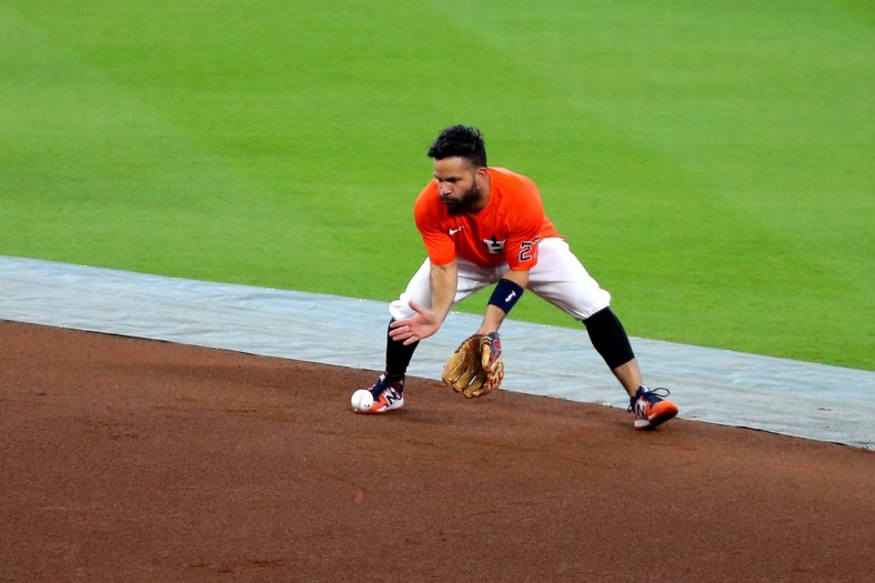 Apr 24, 2021; Houston, Texas, USA; Houston Astros second baseman Jose Altuve (27) works out prior to the game against the Los Angeles Angels at Minute Maid Park. Mandatory Credit: Erik Williams-USA TODAY Sports