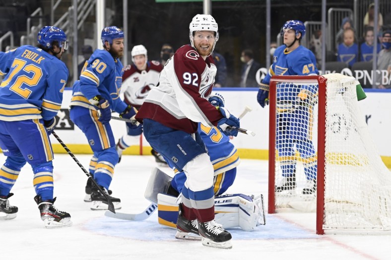 Apr 24, 2021; St. Louis, Missouri, USA; Colorado Avalanche left wing Gabriel Landeskog (92) reacts after scoring a goal against the against the St. Louis Blues in the first period at Enterprise Center. Mandatory Credit: Jeff Le-USA TODAY Sports
