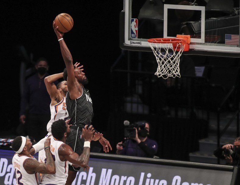 Apr 25, 2021; Brooklyn, New York, USA; Brooklyn Nets forward Jeff Green (8) goes in for a slam dunk in the first quarter against the Phoenix Suns at Barclays Center. Mandatory Credit: Wendell Cruz-USA TODAY Sports