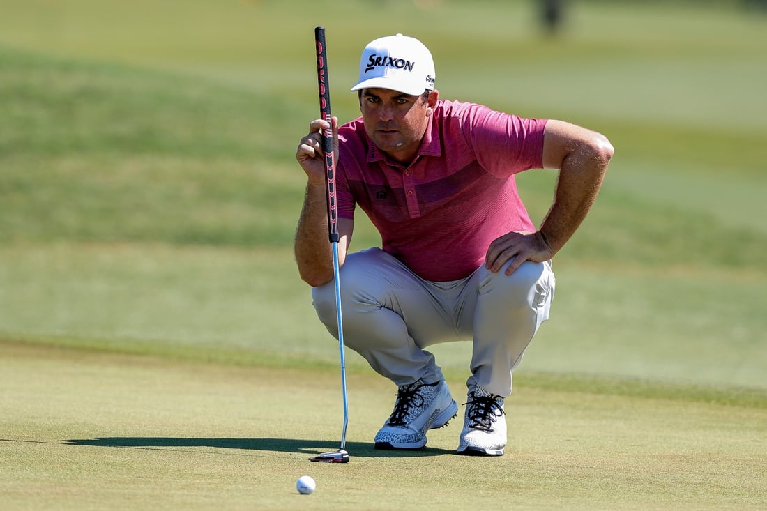 Apr 25, 2021; Avondale, Louisiana, USA;  Keegan Bradley lines up a putt on the 13th green during the final round round of the Zurich Classic of New Orleans golf tournament. Mandatory Credit: Stephen Lew-USA TODAY Sports