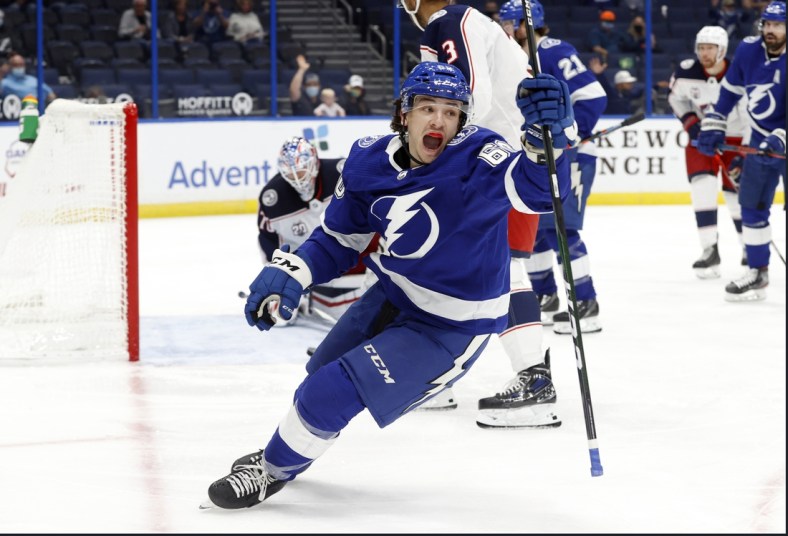 Apr 25, 2021; Tampa, Florida, USA;  Tampa Bay Lightning center Alex Barre-Boulet (60) reacts after scoring a goal against the Columbus Blue Jackets during the third period at Amalie Arena. Mandatory Credit: Kim Klement-USA TODAY Sports