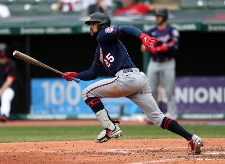 Apr 28, 2021; Cleveland, Ohio, USA; Minnesota Twins Byron Buxton (25) hits a single in the sixth inning against the Cleveland Indians at Progressive Field. Mandatory Credit: Aaron Josefczyk-USA TODAY Sports