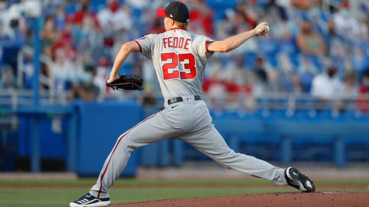 Apr 28, 2021; Dunedin, Florida, CAN;  Washington Nationals pitcher Erick Fedde (23) throws a pitch in the first inning against the Toronto Blue Jays at TD Ballpark. Mandatory Credit: Nathan Ray Seebeck-USA TODAY Sports