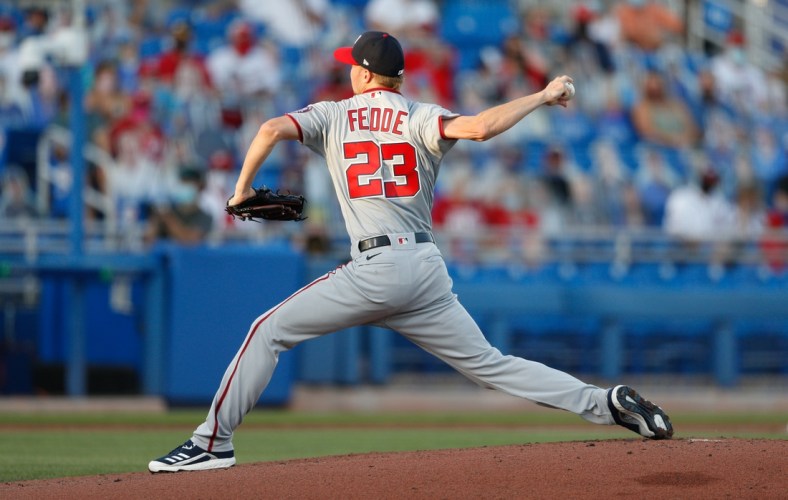 Apr 28, 2021; Dunedin, Florida, CAN;  Washington Nationals pitcher Erick Fedde (23) throws a pitch in the first inning against the Toronto Blue Jays at TD Ballpark. Mandatory Credit: Nathan Ray Seebeck-USA TODAY Sports