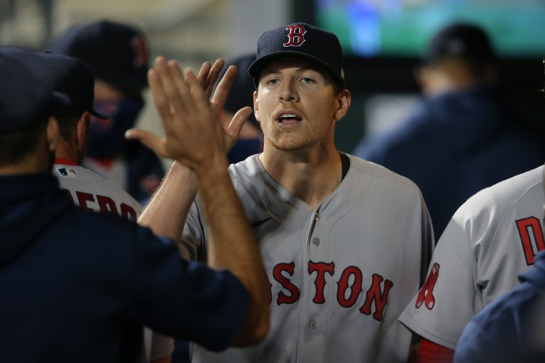 Apr 28, 2021; New York City, New York, USA; Boston Red Sox starting pitcher Nick Pivetta (37) receives high fives in the dugout after pitching the fifth inning against the New York Mets at Citi Field. Mandatory Credit: Brad Penner-USA TODAY Sports