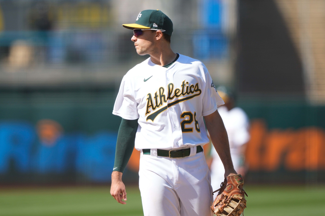 Apr 17, 2021; Oakland, California, USA;  Oakland Athletics first baseman Matt Olson (28) during the eighth inning against the Detroit Tigers at RingCentral Coliseum. Mandatory Credit: Stan Szeto-USA TODAY Sports