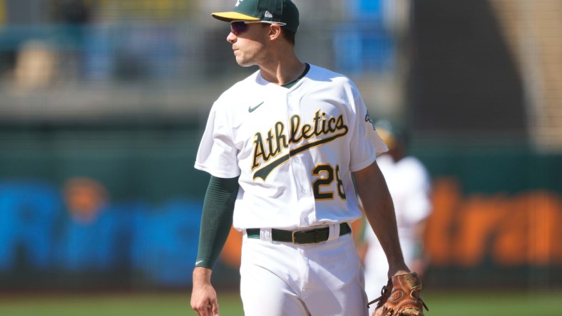 Apr 17, 2021; Oakland, California, USA;  Oakland Athletics first baseman Matt Olson (28) during the eighth inning against the Detroit Tigers at RingCentral Coliseum. Mandatory Credit: Stan Szeto-USA TODAY Sports