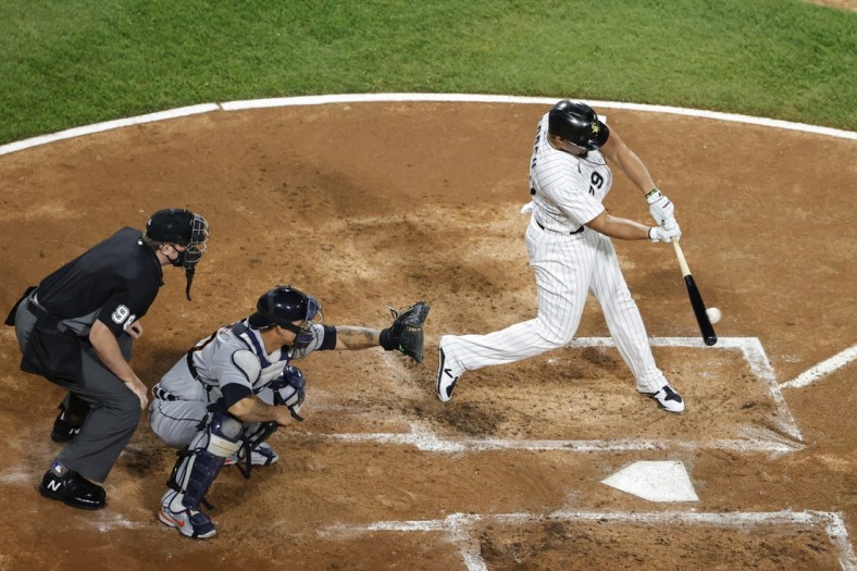 Apr 29, 2021; Chicago, Illinois, USA; Chicago White Sox first baseman Jose Abreu (79) singles against the Detroit Tigers during the first inning of the second game of a doubleheader at Guaranteed Rate Field. Mandatory Credit: Kamil Krzaczynski-USA TODAY Sports