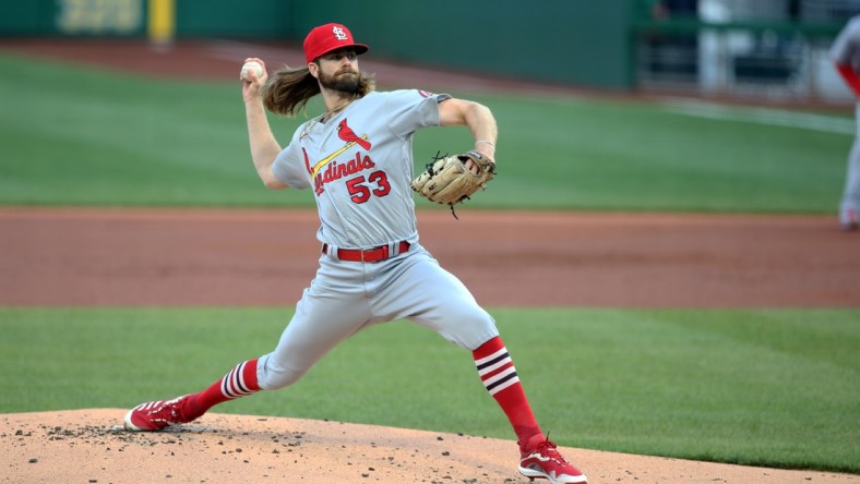 Apr 30, 2021; Pittsburgh, Pennsylvania, USA;  St. Louis Cardinals starting pitcher John Gant (53) delivers a pitch against the Pittsburgh Pirates during the first inning at PNC Park. Mandatory Credit: Charles LeClaire-USA TODAY Sports