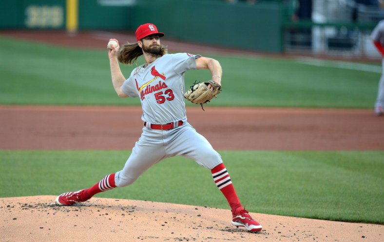 Apr 30, 2021; Pittsburgh, Pennsylvania, USA;  St. Louis Cardinals starting pitcher John Gant (53) delivers a pitch against the Pittsburgh Pirates during the first inning at PNC Park. Mandatory Credit: Charles LeClaire-USA TODAY Sports
