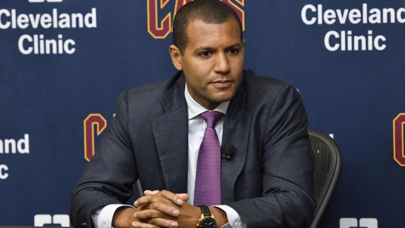 Jul 26, 2017; Cleveland, OH, USA; Cleveland Cavaliers general manager Koby Altman speaks to reporters during a press conference at Cleveland Clinic Courts. Mandatory Credit: David Richard-USA TODAY Sports