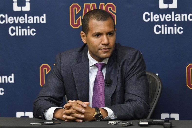 Jul 26, 2017; Cleveland, OH, USA; Cleveland Cavaliers general manager Koby Altman speaks to reporters during a press conference at Cleveland Clinic Courts. Mandatory Credit: David Richard-USA TODAY Sports