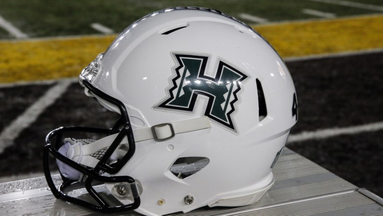 Sep 23, 2017; Laramie, WY, USA; A general view of the Hawaii Warriors helmet before game against the Wyoming Cowboys at War Memorial Stadium. Mandatory Credit: Troy Babbitt-USA TODAY Sports