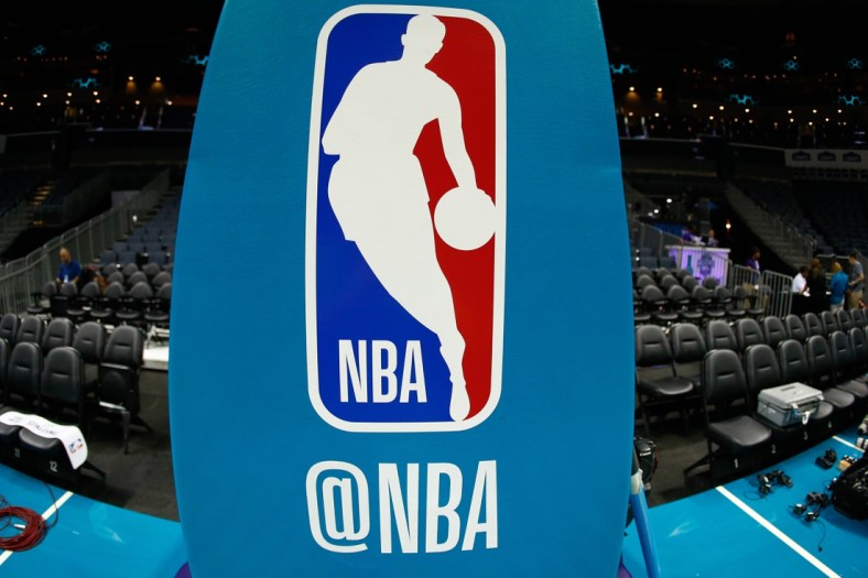 Oct 11, 2017; Charlotte, NC, USA; A general view of the NBA logo on the stanchion prior to the game between the Charlotte Hornets and the Boston Celtics at Spectrum Center. Mandatory Credit: Jeremy Brevard-USA TODAY Sports