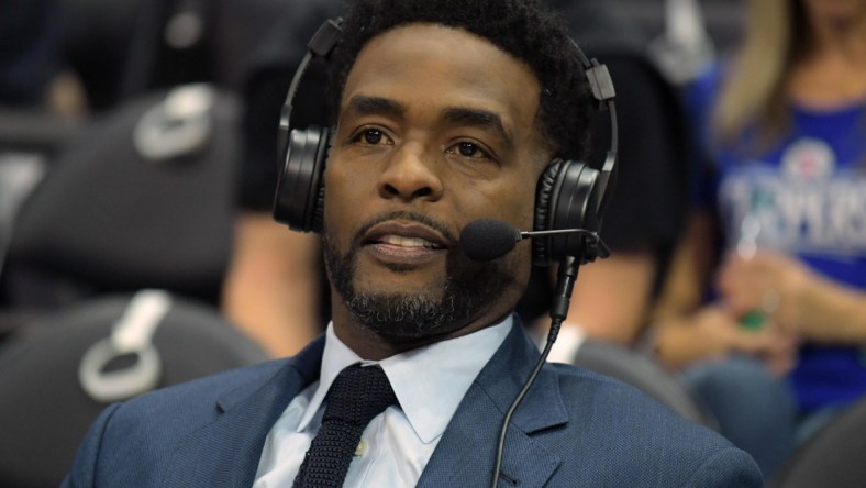 Jan 4, 2018; Los Angeles, CA, USA; TNT broadcasters Chris Webber reacts during an NBA basketball game between the Oklahoma City Thunder and the Los Angeles Clippers at Staples Center. The Thunder defeated the Clippers 127-117. Mandatory Credit: Kirby Lee-USA TODAY Sports