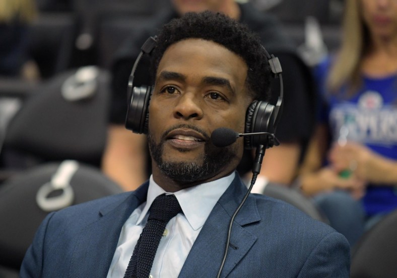 Jan 4, 2018; Los Angeles, CA, USA; TNT broadcasters Chris Webber reacts during an NBA basketball game between the Oklahoma City Thunder and the Los Angeles Clippers at Staples Center. The Thunder defeated the Clippers 127-117. Mandatory Credit: Kirby Lee-USA TODAY Sports