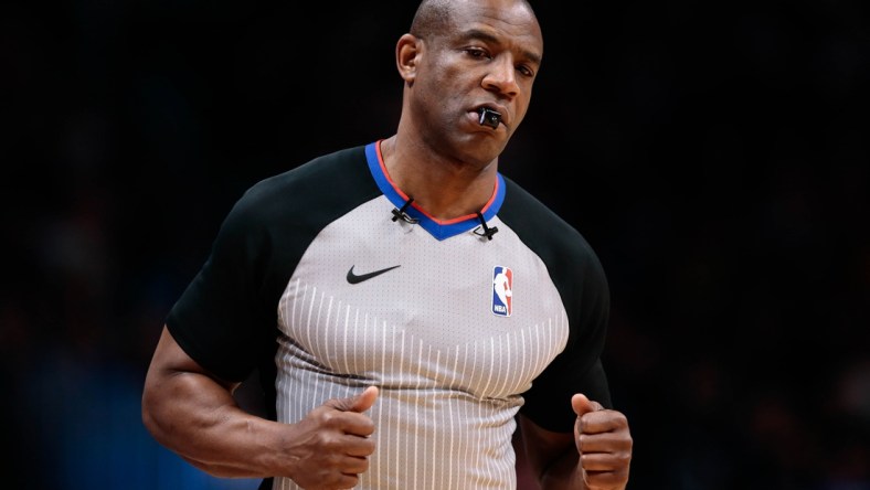 Feb 1, 2018; Denver, CO, USA; NBA referee Tony Brown (6) in the fourth quarter of the game between the Denver Nuggets and the Oklahoma City Thunder at the Pepsi Center. Mandatory Credit: Isaiah J. Downing-USA TODAY Sports