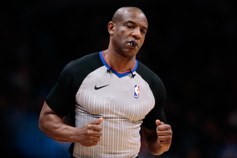 Feb 1, 2018; Denver, CO, USA; NBA referee Tony Brown (6) in the fourth quarter of the game between the Denver Nuggets and the Oklahoma City Thunder at the Pepsi Center. Mandatory Credit: Isaiah J. Downing-USA TODAY Sports
