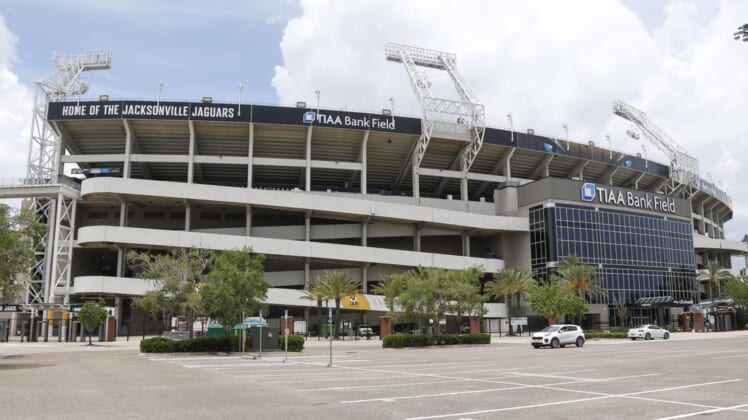May 22, 2018; Jacksonville, FL, USA; A view outside showing the new logo during organized team activities at TIAA Bank Field. Mandatory Credit: Reinhold Matay-USA TODAY Sports