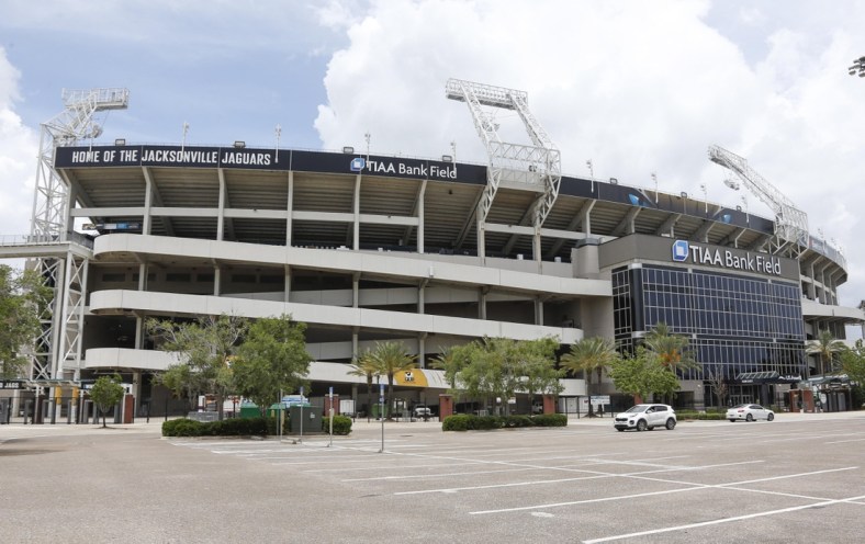 May 22, 2018; Jacksonville, FL, USA; A view outside showing the new logo during organized team activities at TIAA Bank Field. Mandatory Credit: Reinhold Matay-USA TODAY Sports