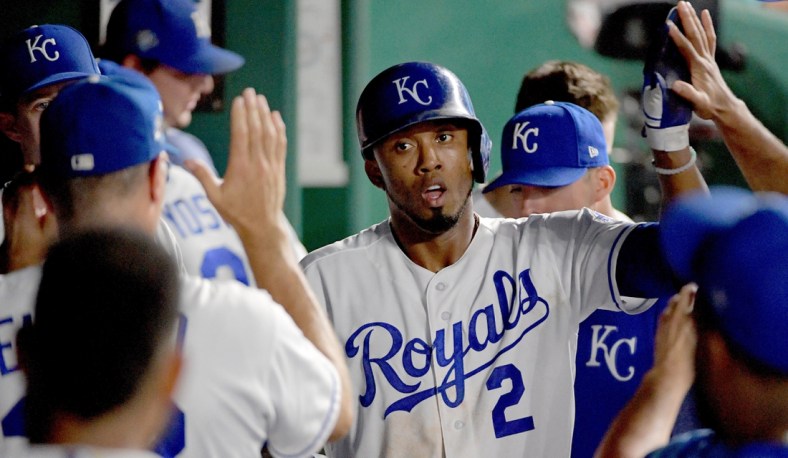 Sep 15, 2018; Kansas City, MO, USA; Kansas City Royals third baseman Alcides Escobar (2) is congratulated in the dugout after scoring in the seventh inning against the Minnesota Twins at Kauffman Stadium. The Royals won 10-3. Mandatory Credit: Denny Medley-USA TODAY Sports