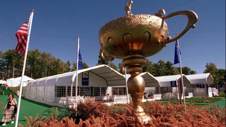 A gigantic replica of the Ryder Cup adorns the courtyard of the corporate tents on the Oak hill grounds. Photo by Shawn DowdA gigantic replica of the Ryder Cup adorns the courtyard of the corporate tents on the Oak hill grounds Sept. 19, 1995.Ryder Cup Corporate Tents