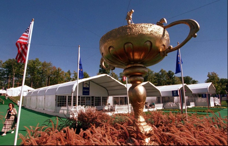A gigantic replica of the Ryder Cup adorns the courtyard of the corporate tents on the Oak hill grounds. Photo by Shawn Dowd

A gigantic replica of the Ryder Cup adorns the courtyard of the corporate tents on the Oak hill grounds Sept. 19, 1995.

Ryder Cup Corporate Tents