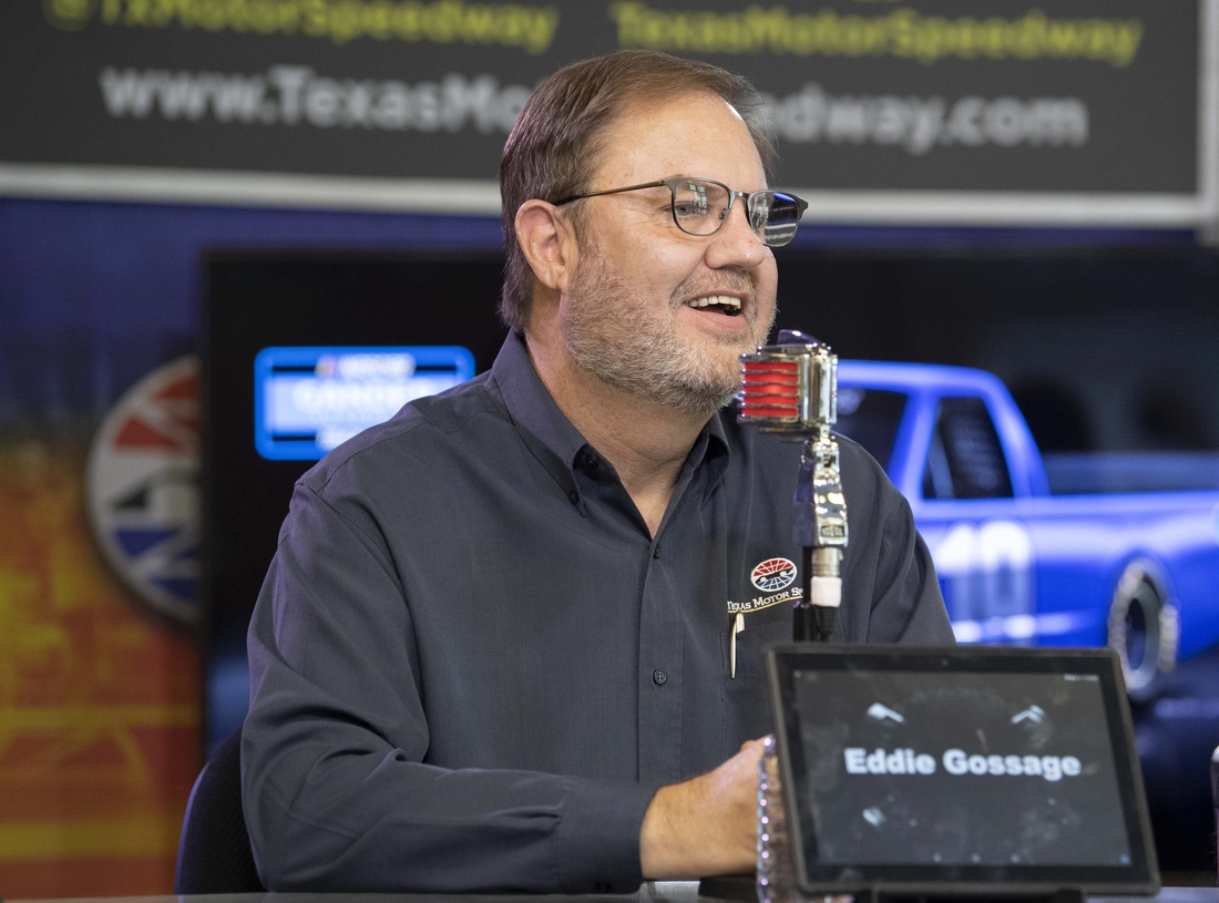 Nov 2, 2018; Fort Worth, TX, USA; Track president Eddie Gossage is interviewed before practice for the AAA Texas 500 at Texas Motor Speedway. Mandatory Credit: Jerome Miron-USA TODAY Sports