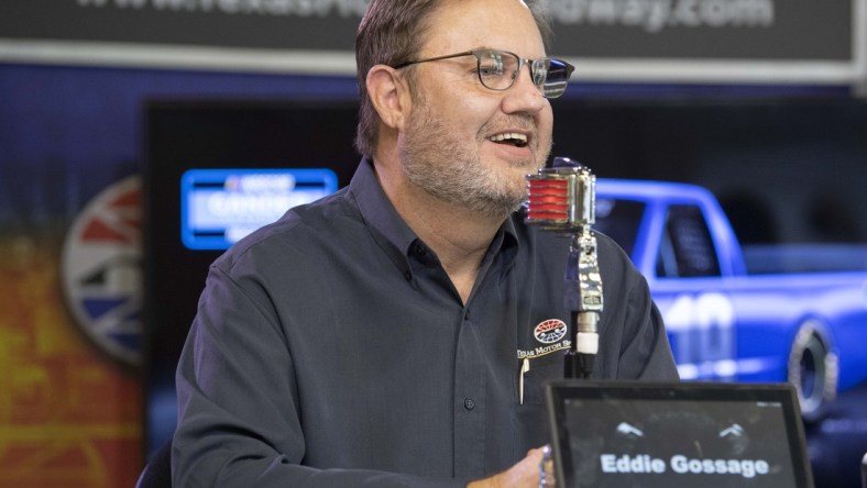 Nov 2, 2018; Fort Worth, TX, USA; Track president Eddie Gossage is interviewed before practice for the AAA Texas 500 at Texas Motor Speedway. Mandatory Credit: Jerome Miron-USA TODAY Sports