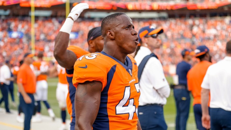 Sep 16, 2018; Denver, CO, USA; Denver Broncos linebacker Joseph Jones (43) in the fourth quarter against the Oakland Raiders at Broncos Stadium at Mile High. Mandatory Credit: Isaiah J. Downing-USA TODAY Sports