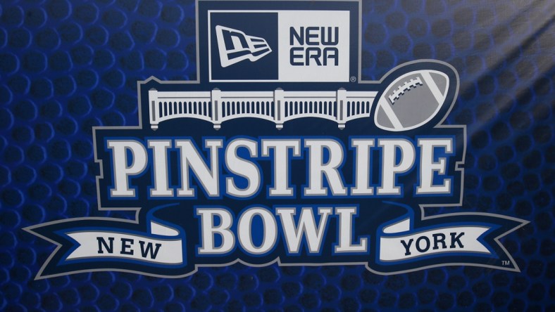 Dec 27, 2018; Bronx, NY, USA; General view of the 2018 Pinstripe Bowl logo prior to the game between the Miami Hurricanes and the Wisconsin Badgers at Yankee Stadium. Mandatory Credit: Rich Barnes-USA TODAY Sports