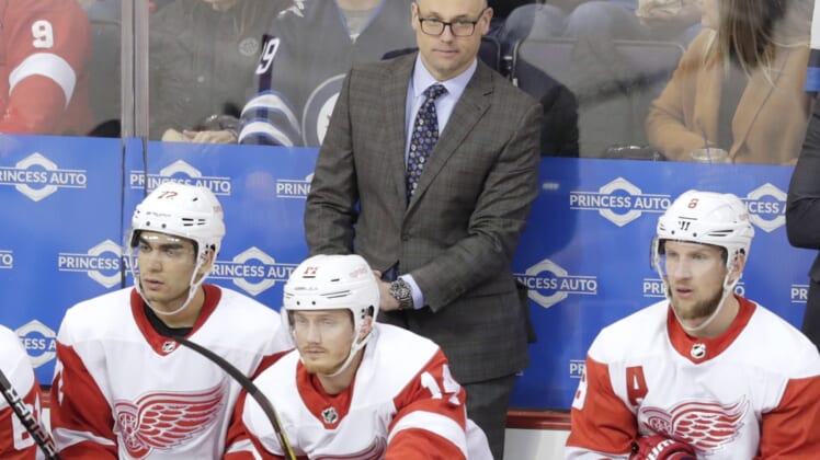 Jan 11, 2019; Winnipeg, Manitoba, CAN;  Detroit Red Wings Head Coach Jeff Blashill looks on in the third period against the Winnipeg Jets at Bell MTS Place. Mandatory Credit: James Carey Lauder-USA TODAY Sports