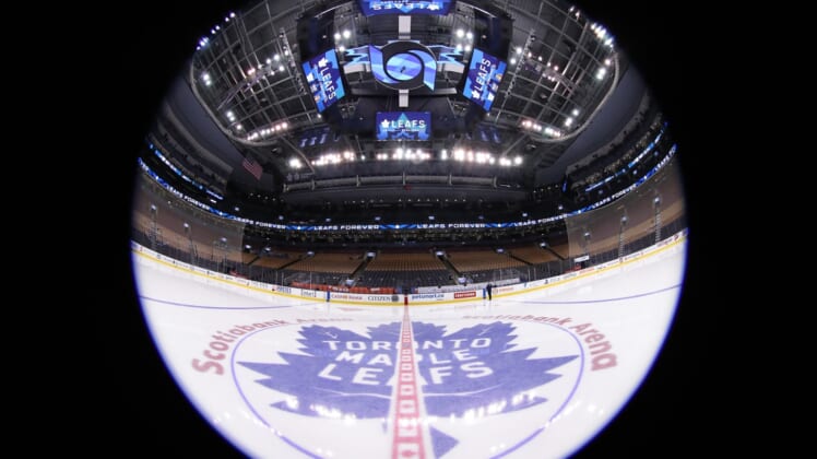 Feb 6, 2019; Toronto, Ontario, CAN; A general view of the arena and the team logo at center ice before the start of the Toronto Maple Leafs game against the Ottawa Senators at Scotiabank Arena. Mandatory Credit: Tom Szczerbowski-USA TODAY Sports